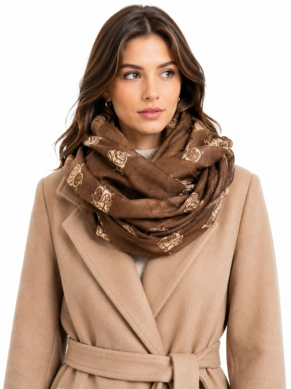 Brown Viscose Scarf with Owls – Soft & Playful